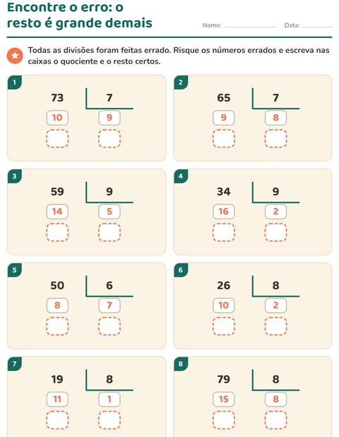 Pré-visualização da ficha de Divisão com resto para 3º ano do ensino fundamental