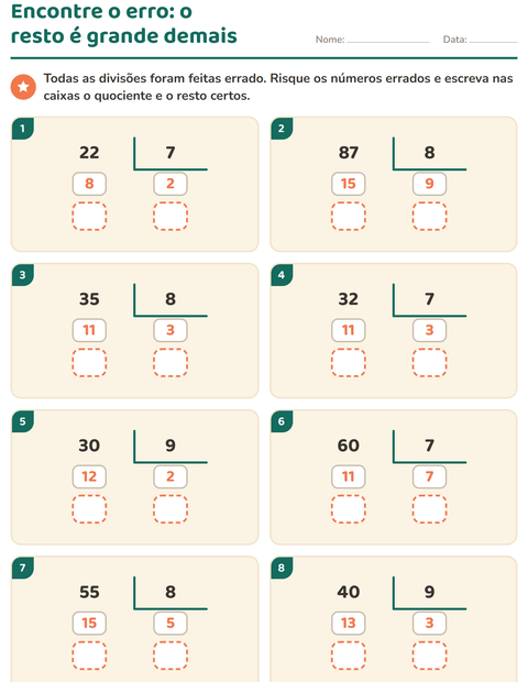 Pré-visualização da ficha de Divisão com resto para 3º ano do ensino fundamental