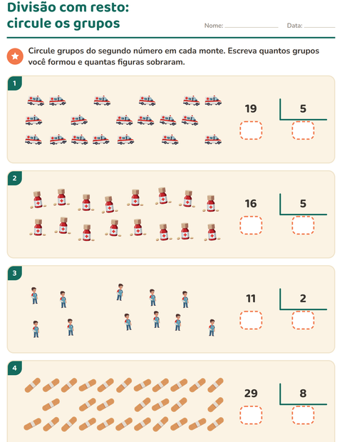 Pré-visualização da ficha de Divisão com resto com Hospital para 3º ano do ensino fundamental