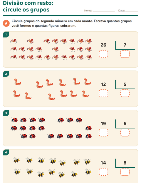 Pré-visualização da ficha de Divisão com resto com Insetos e bichos para 3º ano do ensino fundamental