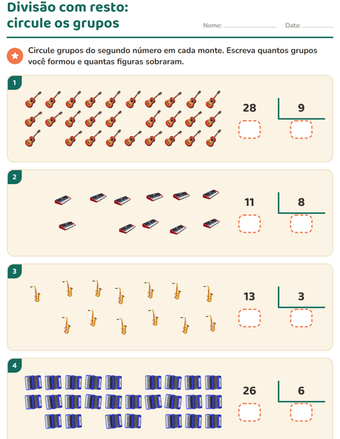Pré-visualização da ficha de Divisão com resto com Música para 3º ano do ensino fundamental