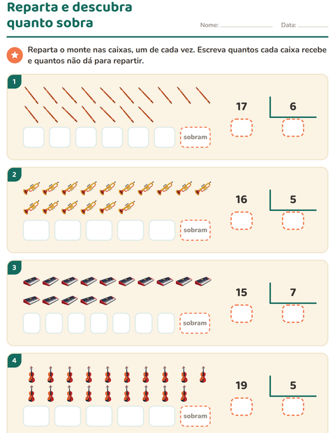 Pré-visualização da ficha de Divisão com resto com Música para 3º ano do ensino fundamental