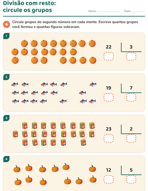 Pré-visualização da ficha de Divisão com resto com No supermercado para 3º ano do ensino fundamental
