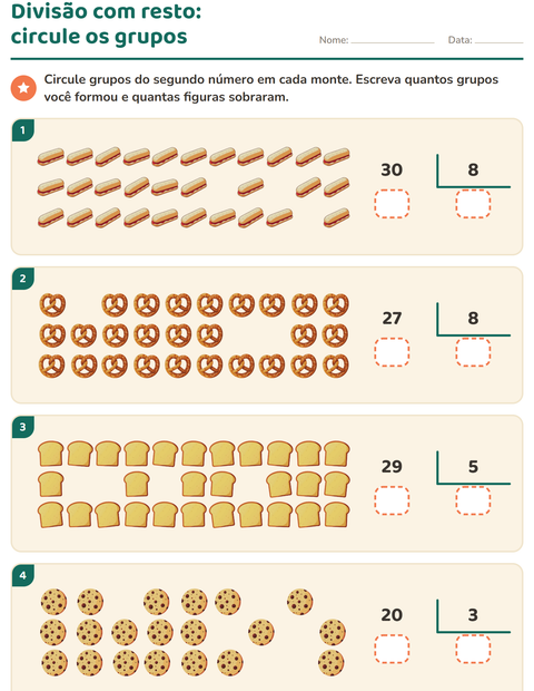 Pré-visualização da ficha de Divisão com resto com Padaria para 3º ano do ensino fundamental