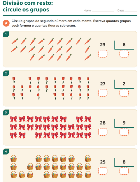 Pré-visualização da ficha de Divisão com resto com Páscoa para 3º ano do ensino fundamental