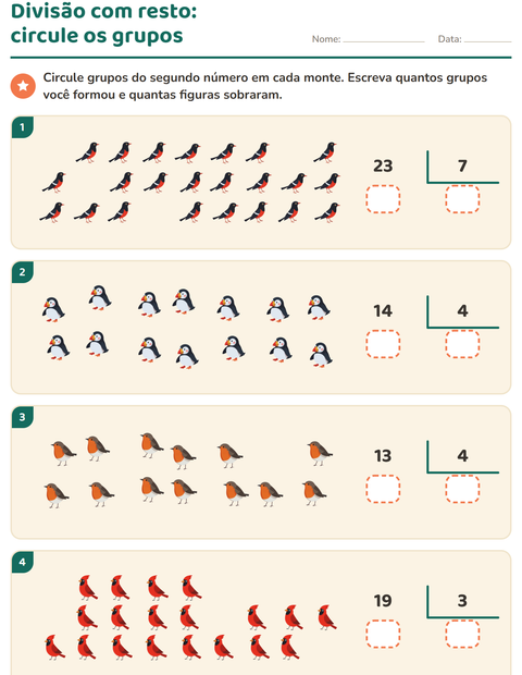 Pré-visualização da ficha de Divisão com resto com Pássaros 2 para 3º ano do ensino fundamental