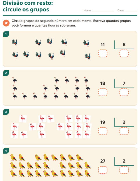 Pré-visualização da ficha de Divisão com resto com Pássaros para 3º ano do ensino fundamental