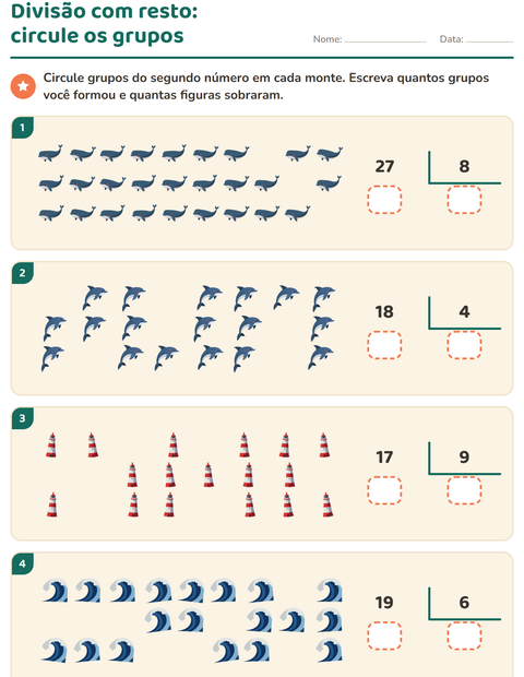 Pré-visualização da ficha de Divisão com resto com Praia para 3º ano do ensino fundamental