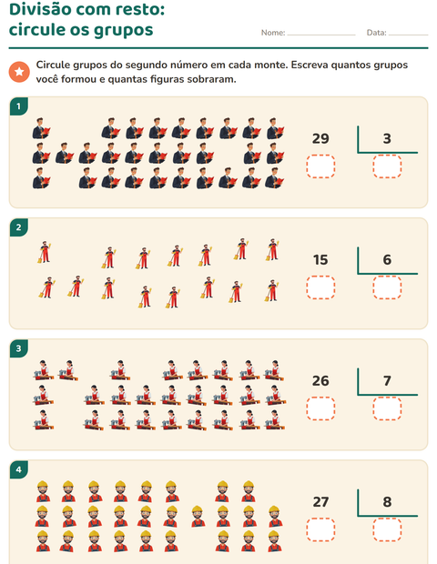 Pré-visualização da ficha de Divisão com resto com Profissões para 3º ano do ensino fundamental