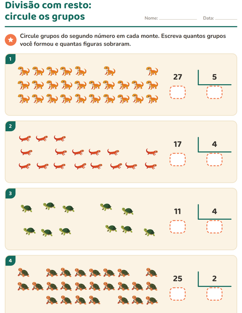 Pré-visualização da ficha de Divisão com resto com Répteis e anfíbios para 3º ano do ensino fundamental