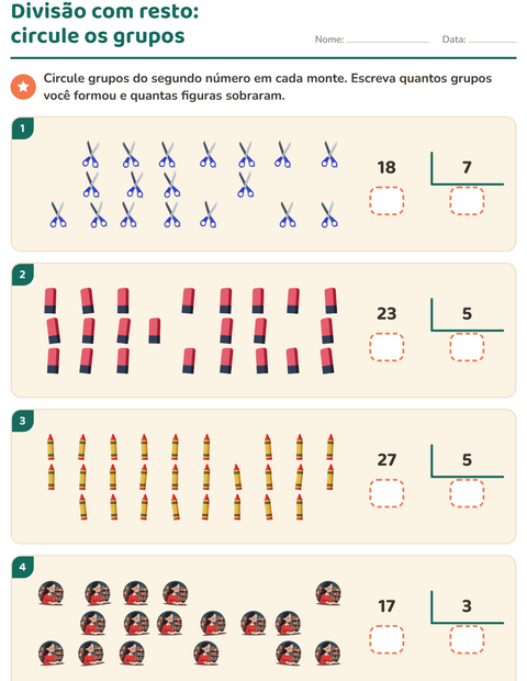 Pré-visualização da ficha de Divisão com resto com Sala de aula para 3º ano do ensino fundamental
