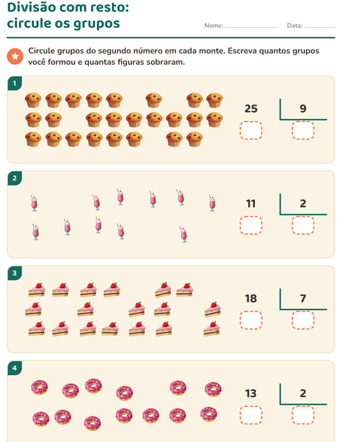 Pré-visualização da ficha de Divisão com resto com Sobremesas e doces para 3º ano do ensino fundamental