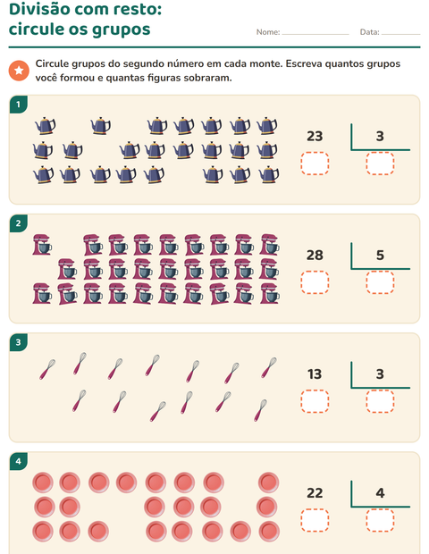 Pré-visualização da ficha de Divisão com resto com Utensílios de cozinha para 3º ano do ensino fundamental