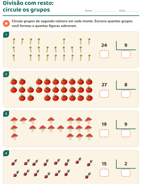 Pré-visualização da ficha de Divisão com resto com Vegetais para 3º ano do ensino fundamental