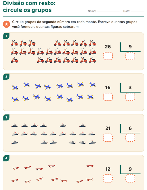 Pré-visualização da ficha de Divisão com resto com Veículos para 3º ano do ensino fundamental