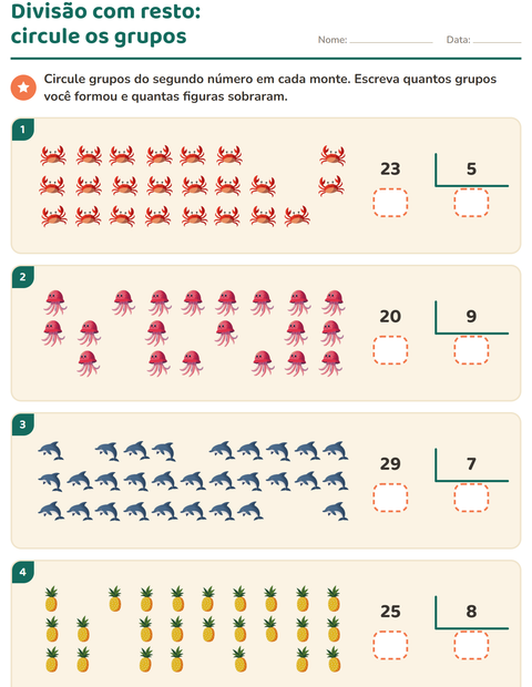 Pré-visualização da ficha de Divisão com resto com Verão para 3º ano do ensino fundamental