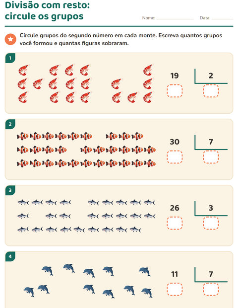 Pré-visualização da ficha de Divisão com resto com Vida marinha para 3º ano do ensino fundamental