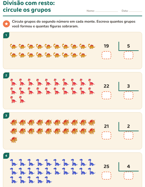Pré-visualização da ficha de Divisão com resto com Dinossauros para 3º ano do ensino fundamental