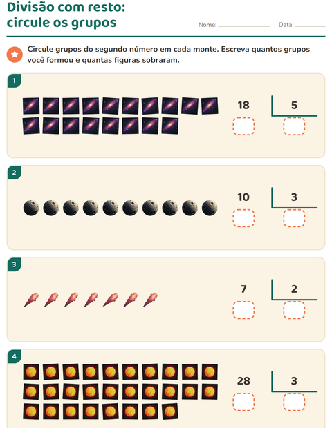 Pré-visualização da ficha de Divisão com resto com Espaço para 3º ano do ensino fundamental
