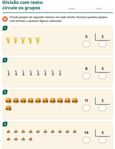 Pré-visualização da ficha de Divisão com resto com 4 de Julho para 3º ano do ensino fundamental