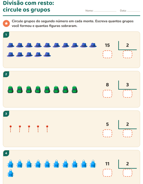 Pré-visualização da ficha de Divisão com resto com Acessórios para 3º ano do ensino fundamental