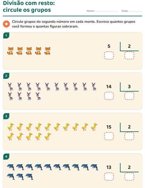 Pré-visualização da ficha de Divisão com resto com Animais para 3º ano do ensino fundamental