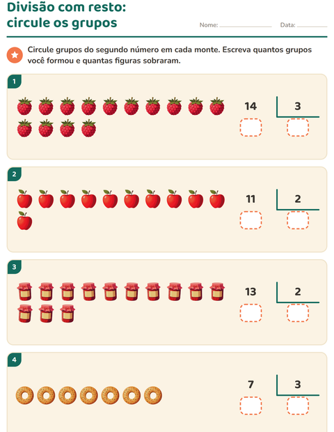Pré-visualização da ficha de Divisão com resto com Café da manhã para 3º ano do ensino fundamental