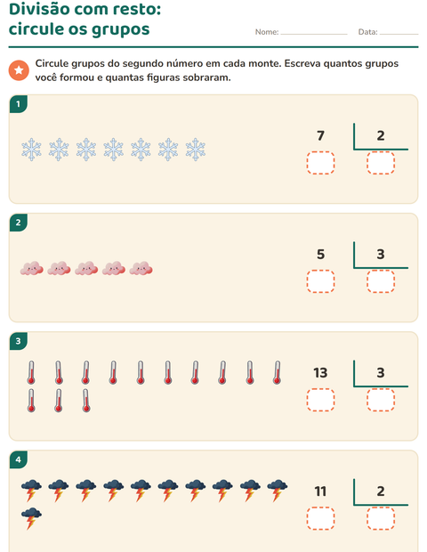 Pré-visualização da ficha de Divisão com resto com Clima para 3º ano do ensino fundamental