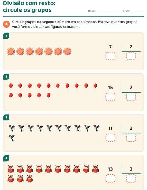 Pré-visualização da ficha de Divisão com resto com Coisas que voam para 3º ano do ensino fundamental