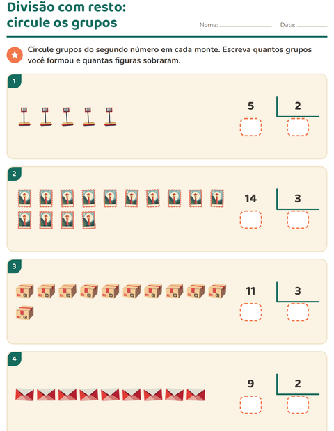 Pré-visualização da ficha de Divisão com resto com Correios para 3º ano do ensino fundamental