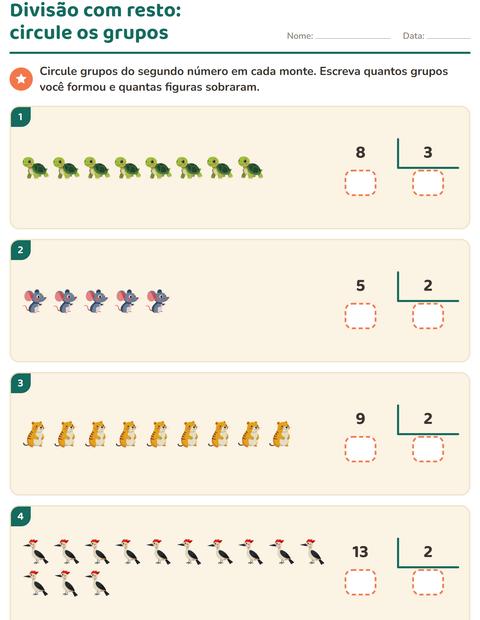 Pré-visualização da ficha de Divisão com resto com Criaturas da floresta para 3º ano do ensino fundamental