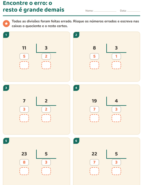 Pré-visualização da ficha de Divisão com resto para 3º ano do ensino fundamental