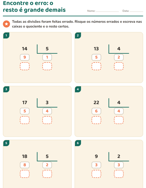Pré-visualização da ficha de Divisão com resto para 3º ano do ensino fundamental
