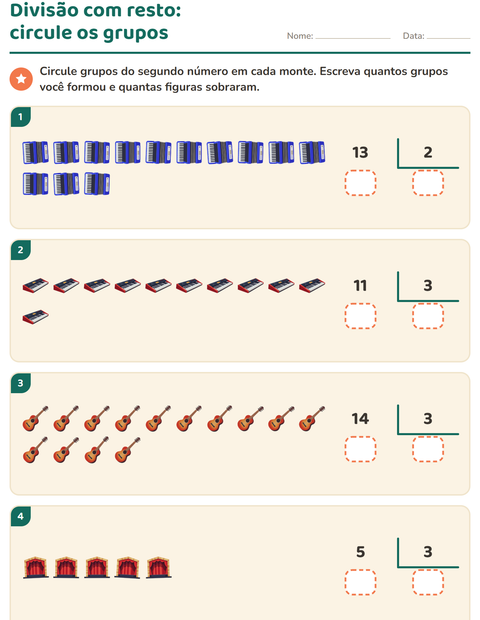 Pré-visualização da ficha de Divisão com resto com Música para 3º ano do ensino fundamental