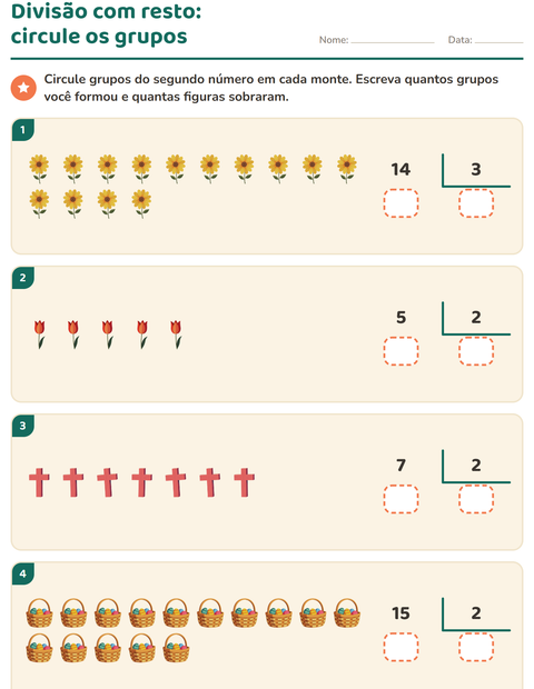 Pré-visualização da ficha de Divisão com resto com Páscoa para 3º ano do ensino fundamental