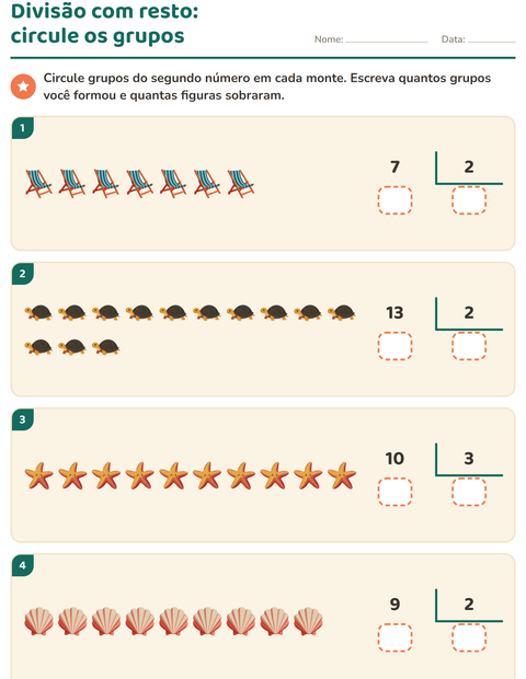 Pré-visualização da ficha de Divisão com resto com Praia para 3º ano do ensino fundamental