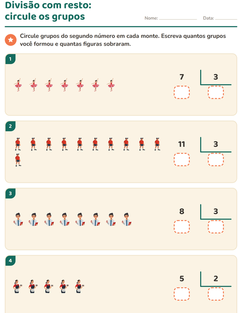 Pré-visualização da ficha de Divisão com resto com Profissões para 3º ano do ensino fundamental