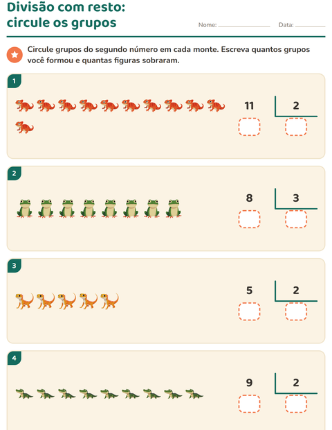Pré-visualização da ficha de Divisão com resto com Répteis e anfíbios para 3º ano do ensino fundamental