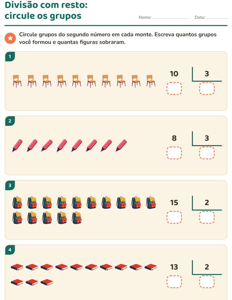 Pré-visualização da ficha de Divisão com resto com Sala de aula para 3º ano do ensino fundamental