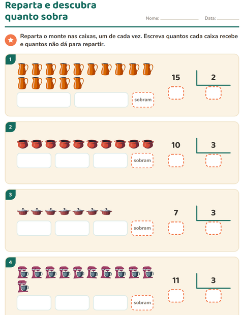 Pré-visualização da ficha de Divisão com resto com Utensílios de cozinha para 3º ano do ensino fundamental