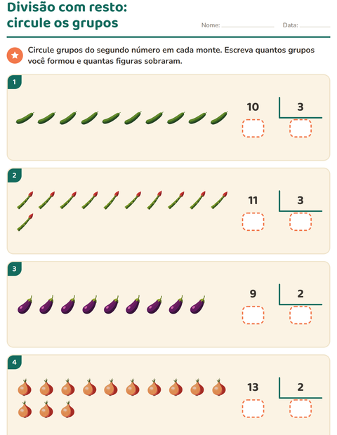 Pré-visualização da ficha de Divisão com resto com Vegetais para 3º ano do ensino fundamental