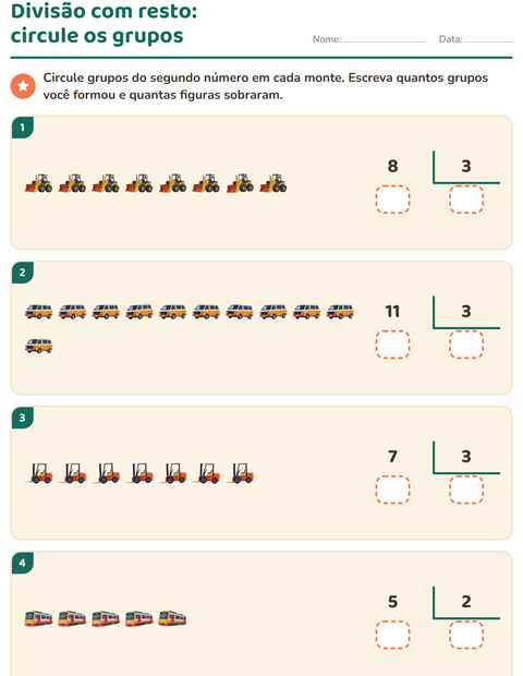 Pré-visualização da ficha de Divisão com resto com Veículos para 3º ano do ensino fundamental