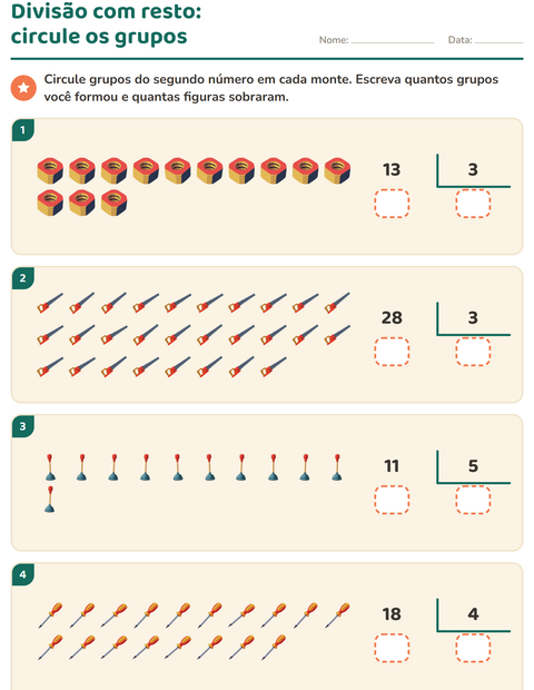 Pré-visualização da ficha de Divisão com resto com Ferramentas para 3º ano do ensino fundamental