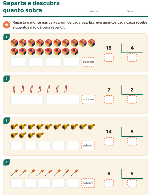 Pré-visualização da ficha de Divisão com resto com Ferramentas para 3º ano do ensino fundamental