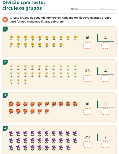 Pré-visualização da ficha de Divisão com resto com Flores para 3º ano do ensino fundamental