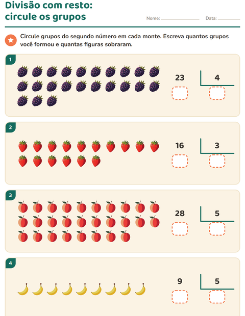Pré-visualização da ficha de Divisão com resto com Frutas para 3º ano do ensino fundamental