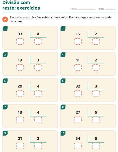 Pré-visualização da ficha de Divisão com resto para 3º ano do ensino fundamental