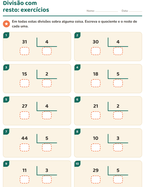 Pré-visualização da ficha de Divisão com resto para 3º ano do ensino fundamental