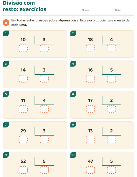 Pré-visualização da ficha de Divisão com resto para 3º ano do ensino fundamental