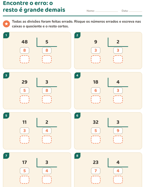 Pré-visualização da ficha de Divisão com resto para 3º ano do ensino fundamental